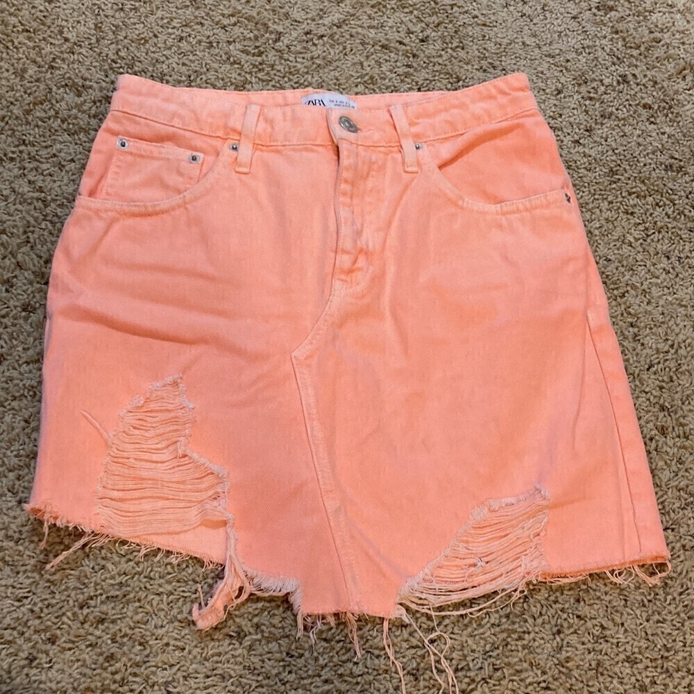 Zara Orange denim distressed mini skirt
